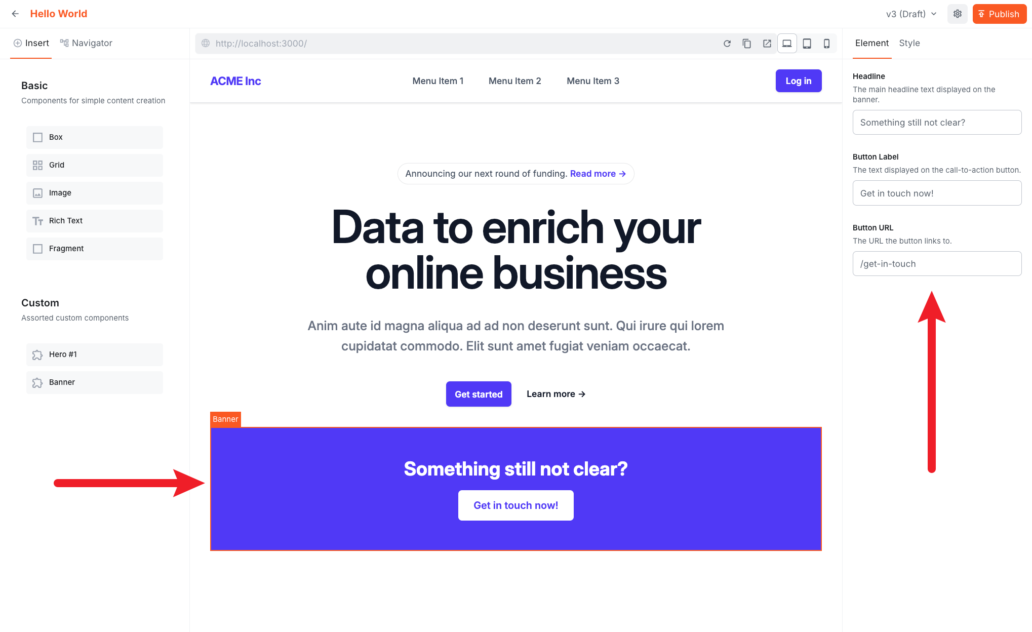 The Banner component selected in the editor showing the Headline, Button Label, and Button URL inputs filled in on the right sidebar